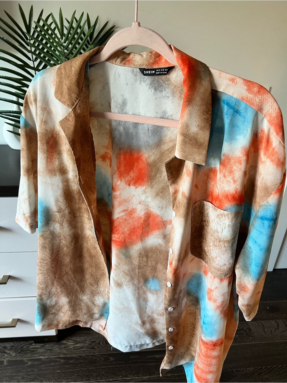 SHEIN women Multicolor Tie-Dye Short Sleeve Shirt - Blue, Orange & Brown